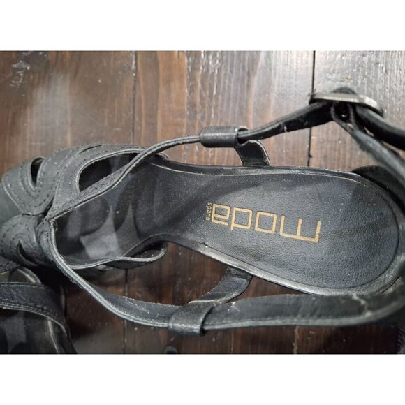 Moda Spana Black Leather Strappy Peep Toe Heels/Pre-owned, Sz. 9M - Picture 8 of 9